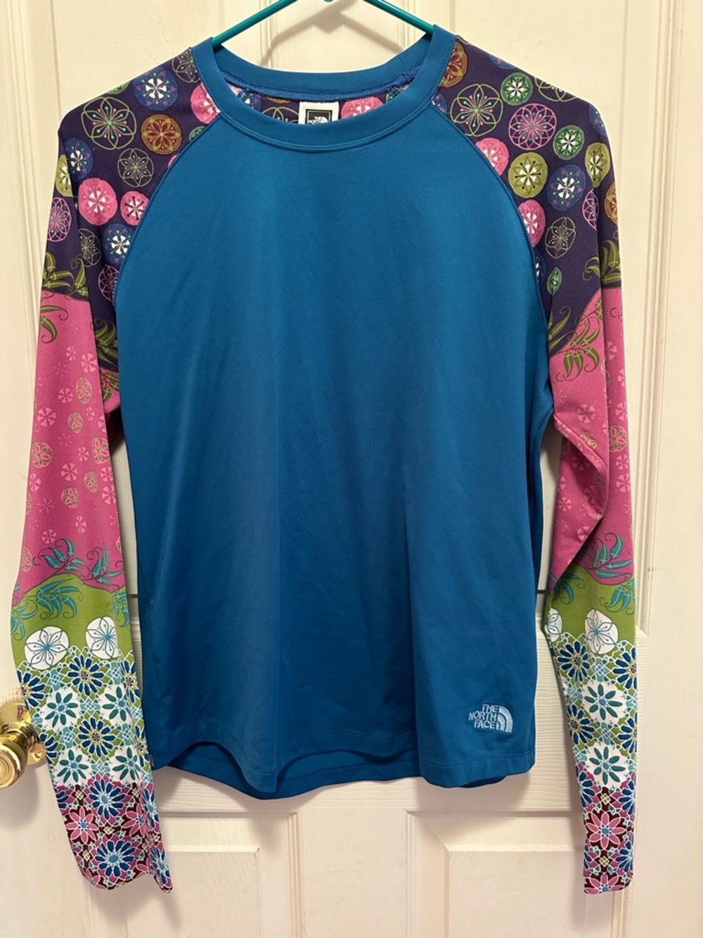 The North Face Teal VaporWick Top with Multicolor Patterned Sleeves